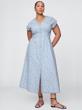 Gap Pleated Denim Maxi Dress Blue Multi Floral Print Size Large